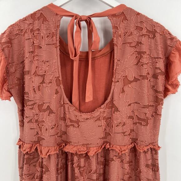 Anthropologie Ruffle Knit Mini Dress Pink Coral Tie Back Short Sleeve Size Small - Picture 7 of 11